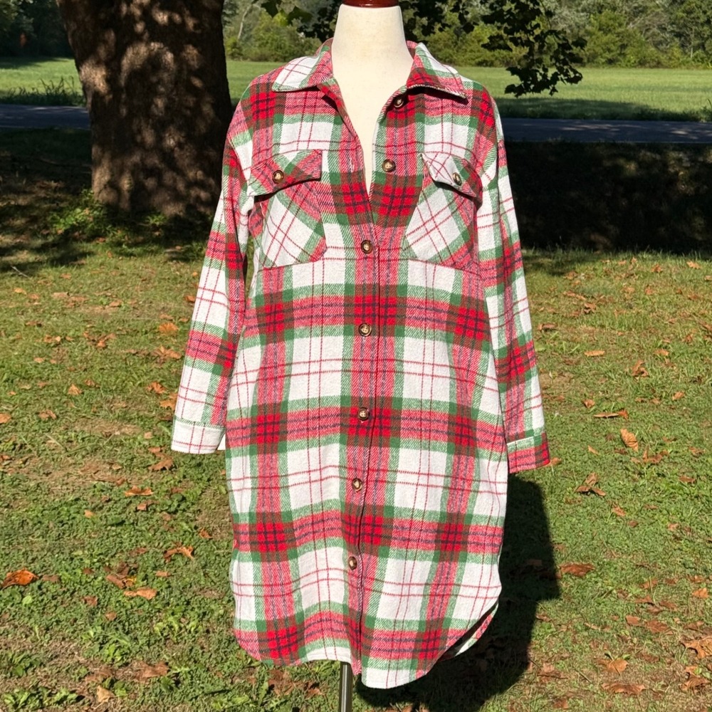 Panache Apparel Plaid Shacket Womens Medium Red Green White Longline Flannel